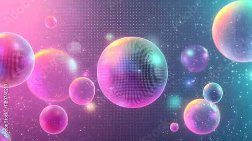 Futuristic abstract shapes with neon gradients and metallic textures  Glowing digital art spheres orbs and bubbles in a vibrant luminous and hypnotic composition photo