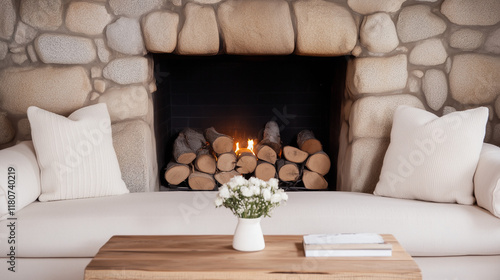 Cozy Stone Fireplace Living...