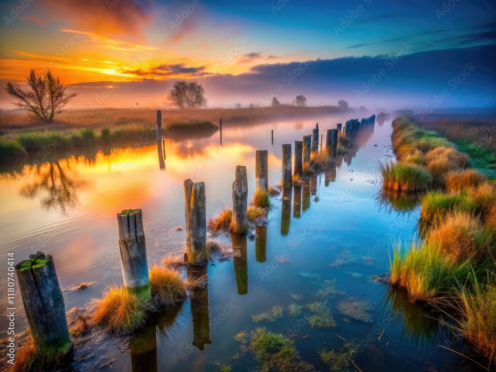 Obraz premium Eerie old fence posts stand silhouetted against the dusky marsh, a low-light photography masterpiece.