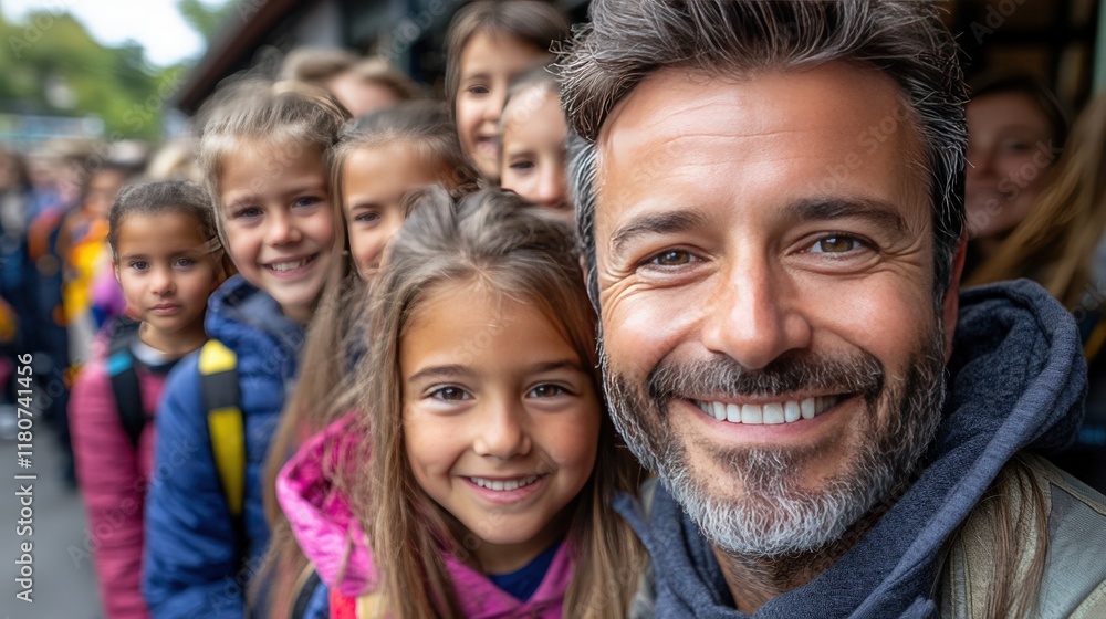 Smiling Man Posing with Happy Children Outdoors in a School Setting, Showcasing Joyful Atmosphere and Connection Between Adults and Kids Smiling Man Posing with Happy Children Outdoors in a School Setting, Showcasing Joyful Atmosphere and Connection Between Adults and Kids