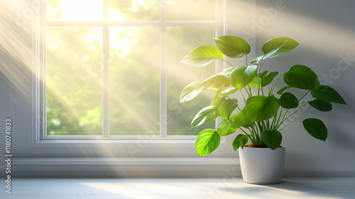 Serene sunlight streams through a window illuminating a vibrant houseplant in a minimalist pot, creating a peaceful and calming indoor scene. photo