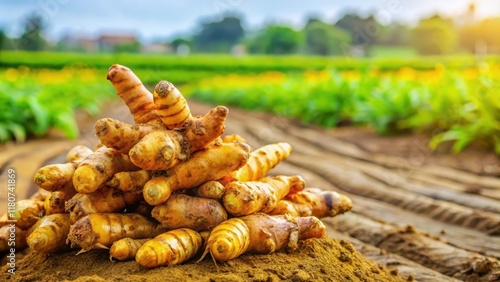 Freshly harvested turmeric root with brown skin and white inner flesh, agriculture, farm,  agriculture, farm, flower, crop
