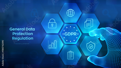 GDPR. General Data Protection Regulation. Cyber security and privacy concept on virtual screen. Protection of personal information. Hand places an element into a composition. Vector illustration.