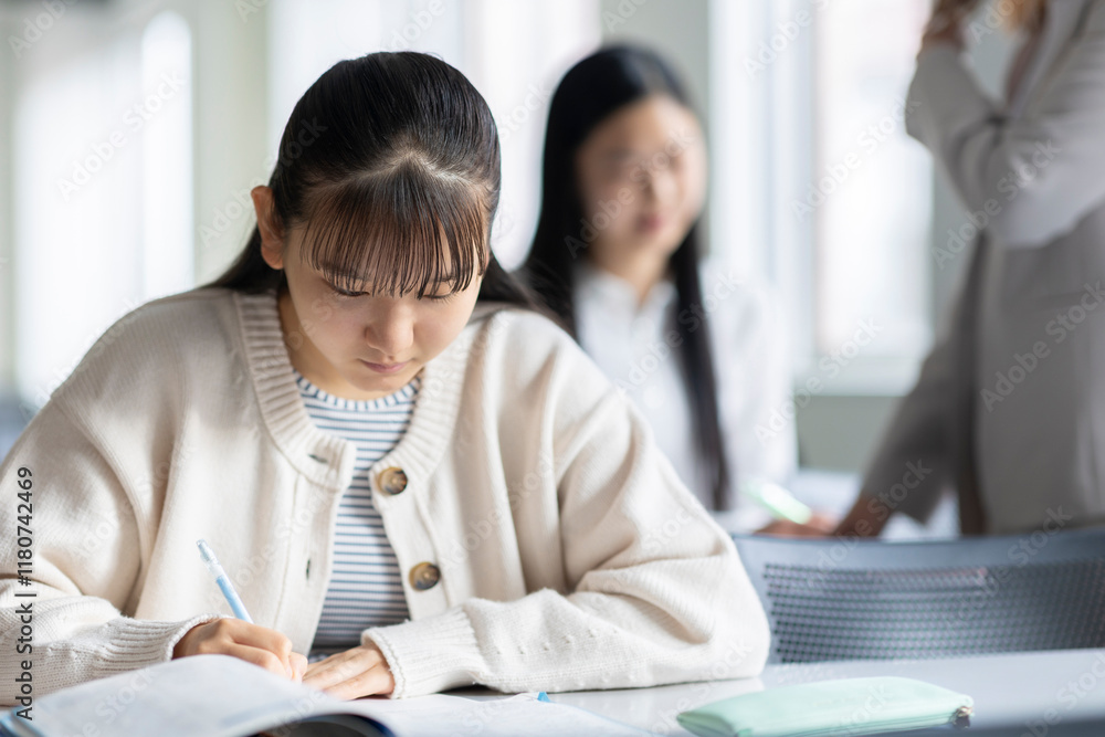 勉強を教えてもらう女子学生