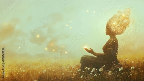 Serene Woman in Magical Field: A Dreamlike Fantasy