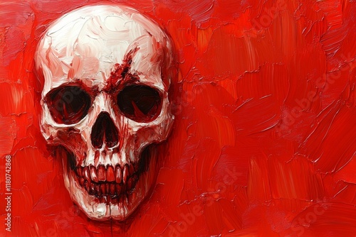 Bloody Skull on Red Impasto Background: A Gory Painting photo