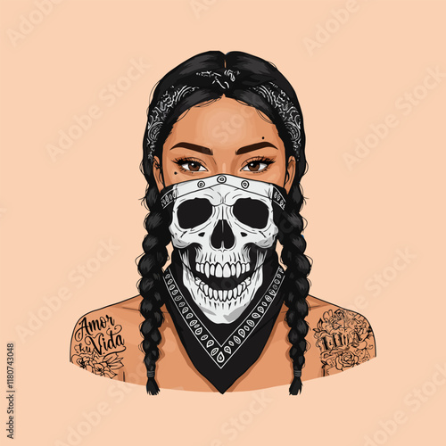 A stylized illustration of a young woman with braids wearing a skull bandana and tattoos.