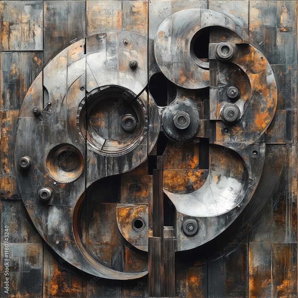 Abstract metal sculpture, dark, rusty, circular design. Abstract metal sculpture, dark, rusty, circular design.