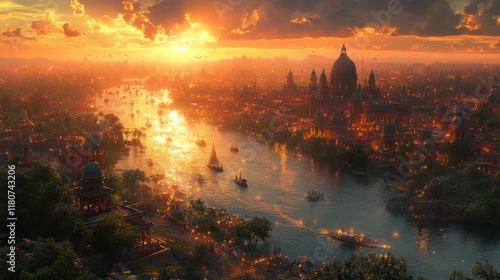Golden Sunset Over River City Boats Sail.