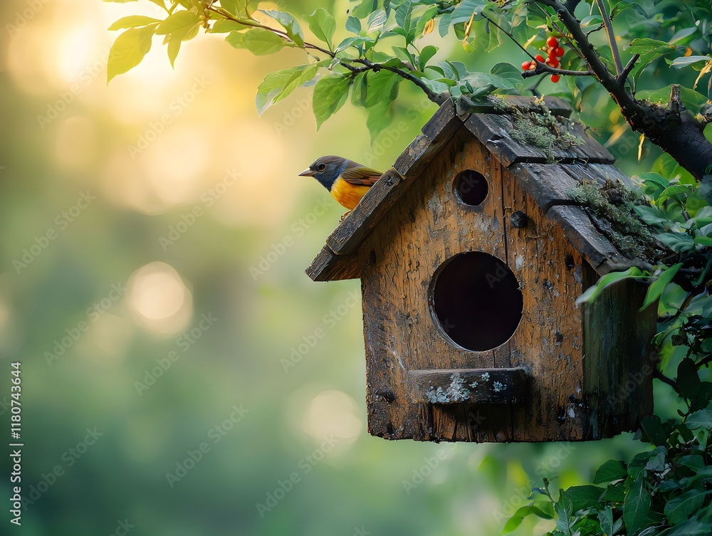 A rustic wooden birdhouse with an adorable bluebird perched, surrounded by green foliage at sunrise on a blurred background with soft focus. A rustic wooden birdhouse with an adorable bluebird perched, surrounded by green foliage at sunrise on a blurred background with soft focus.