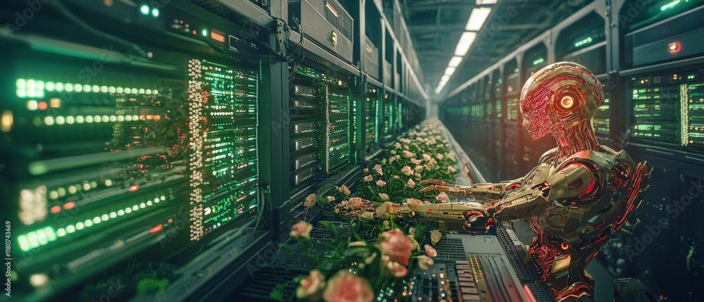 Fototapeta premium Futuristic Robot Tending Roses in a Data Center