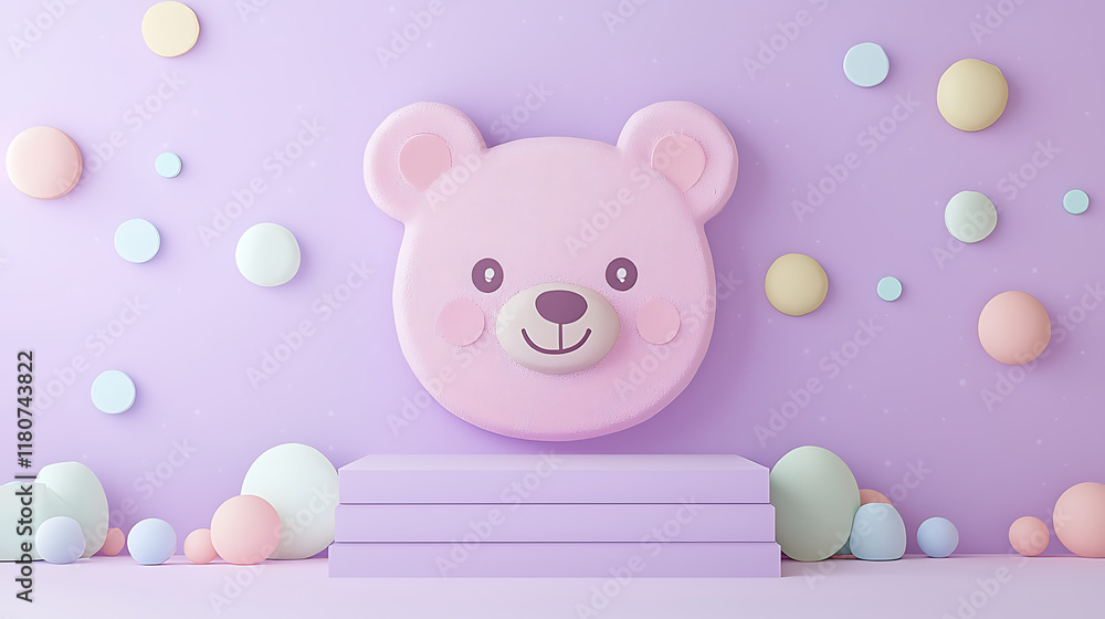 Adorable Pink Teddy Bear Face 3D Render with Pastel Spheres and Display Platform Adorable Pink Teddy Bear Face 3D Render with Pastel Spheres and Display Platform