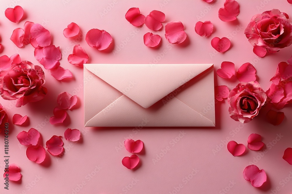Enveloped Red Hearts Surrounded by Pink Petals on Soft Background Enveloped Red Hearts Surrounded by Pink Petals on Soft Background