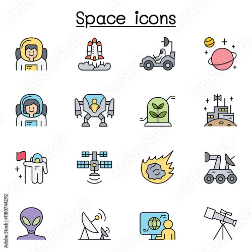 Space icon set in thin line style
