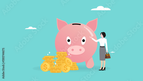 investment management, Mutual fund or growing investment, wealth profit growth, savings or wealth management, businesswoman holding investment document with piggy bank and golden coin illustration