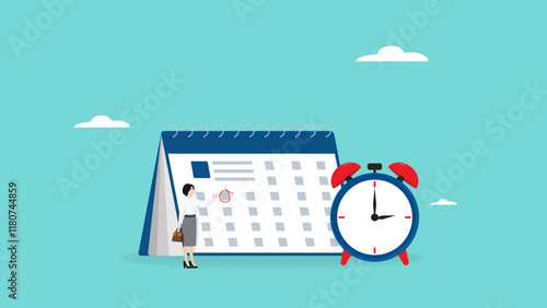 businesswoman make a red circle on important day on calendar illustration, calendar date of important appointment, reminder or schedule of meeting or event, work deadline or launch date planning