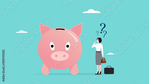 confused businesswoman with piggy bank and question marks illustration suitable to describe about financial question or saving problem, money solution, saving money and investment, wealth concept