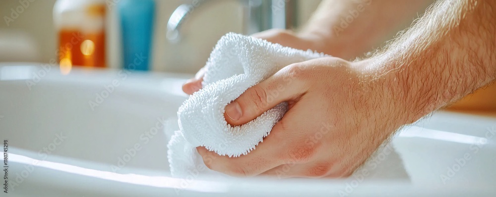 Bathtub cleaning sanitized concept. A person is washing their hands with a cloth in a bathroom sink, promoting hygiene and cleanliness.