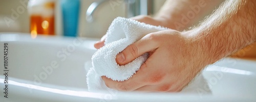 Obraz na płótnie Bathtub cleaning sanitized concept. A person is washing their hands with a cloth in a bathroom sink, promoting hygiene and cleanliness. w salonie