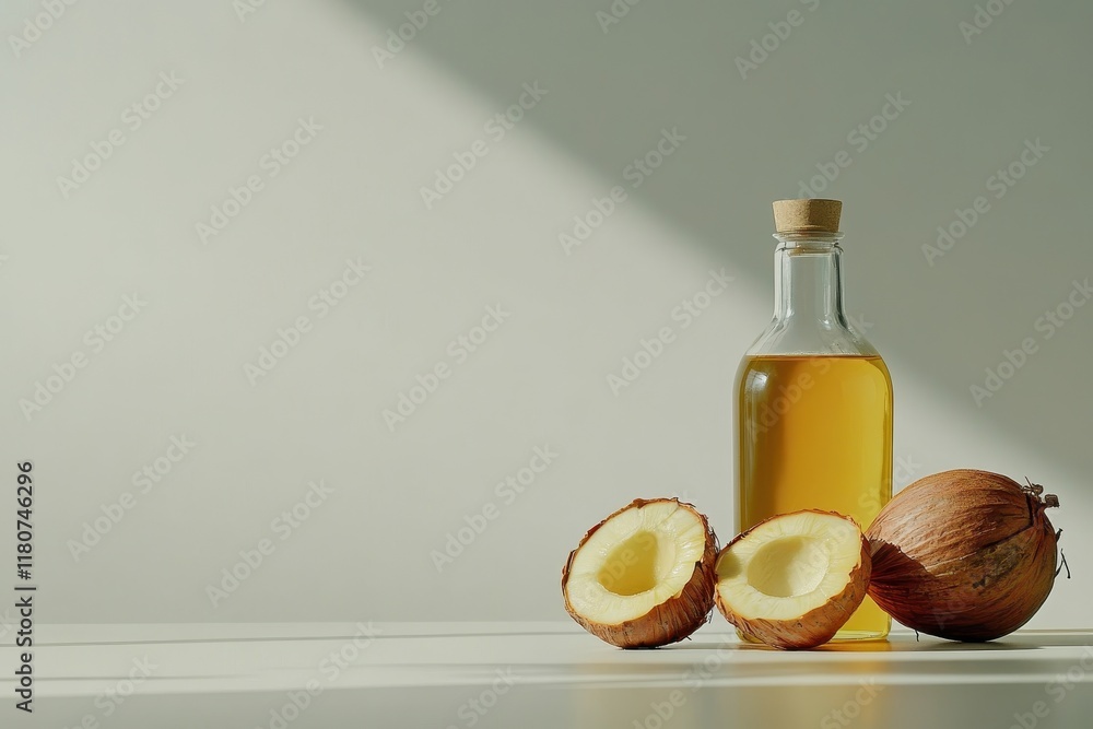 Fresh Cooking Oil in a Glass Bottle Next to a Halved Onion and Whole Onion on a Light Table with Soft Natural Light in the Background Fresh Cooking Oil in a Glass Bottle Next to a Halved Onion and Whole Onion on a Light Table with Soft Natural Light in the Background