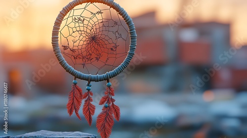 Dreamcatcher hanging outdoors at sunset with feathers photo