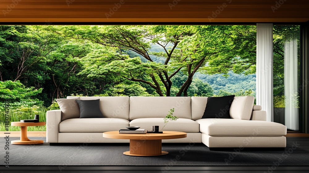 Minimalistic Living Room with Cozy Soft Beige Sofa Minimalistic Living Room with Cozy Soft Beige Sofa