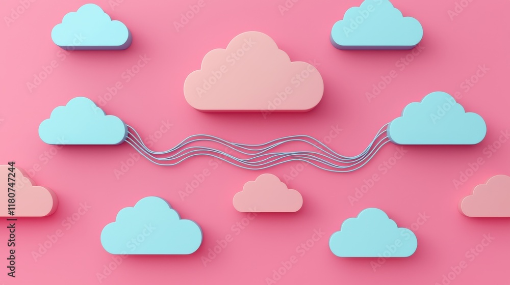 A colorful illustration featuring stylized clouds on a pink background, interconnected by wavy lines, symbolizing cloud computing or data sharing. A colorful illustration featuring stylized clouds on a pink background, interconnected by wavy lines, symbolizing cloud computing or data sharing.