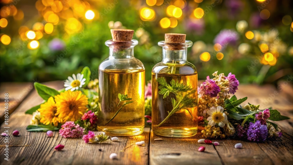 Rustic wood bottles, bokeh-blurred flowers, evoke aromatherapy's natural spa wellness; exquisite photography. Rustic wood bottles, bokeh-blurred flowers, evoke aromatherapy's natural spa wellness; exquisite photography.
