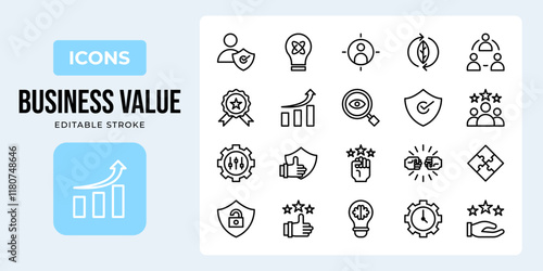 Business value outline icon set isolated on white background vector illustration