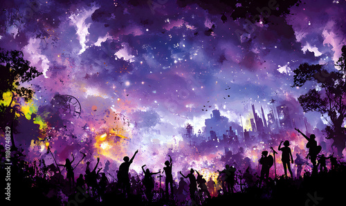 Wallpaper Mural Silhouetted figures celebrate against a vibrant, purple, cosmic cityscape backdrop.  A surreal and atmospheric scene. Torontodigital.ca