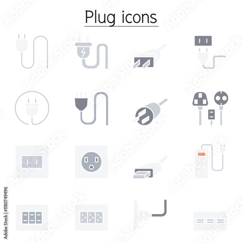 Plug, socket, outlet icons set in thin line style