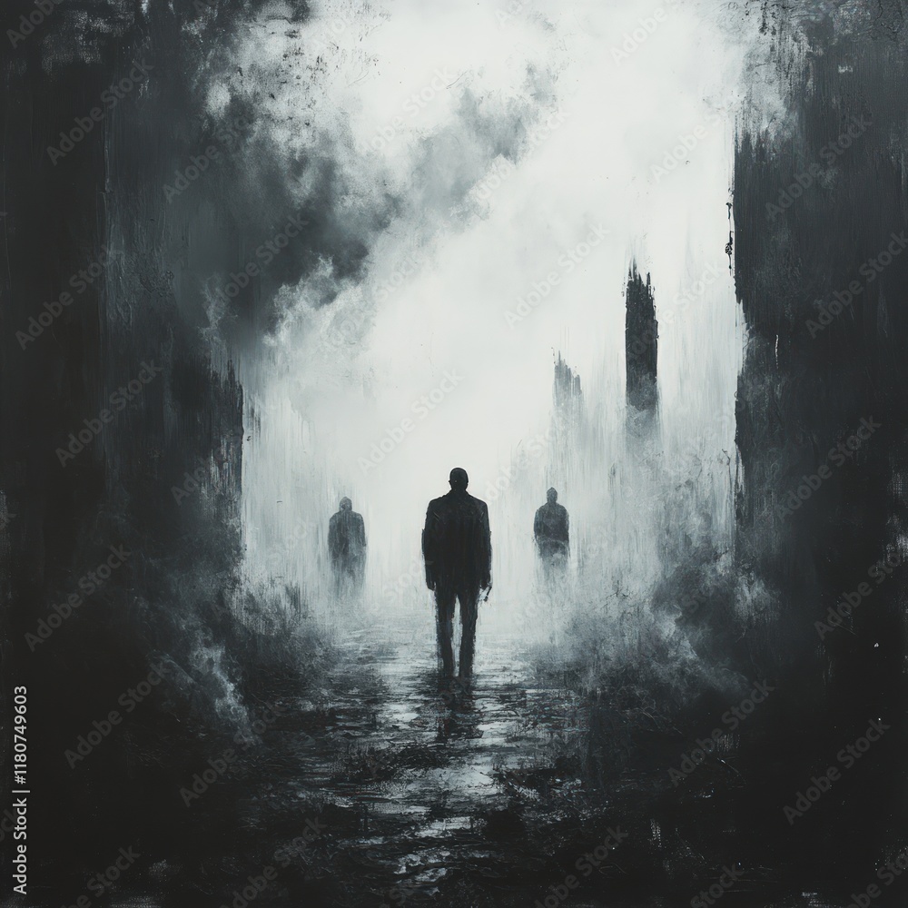 Solitary figure walks desolate, foggy path. Solitary figure walks desolate, foggy path.