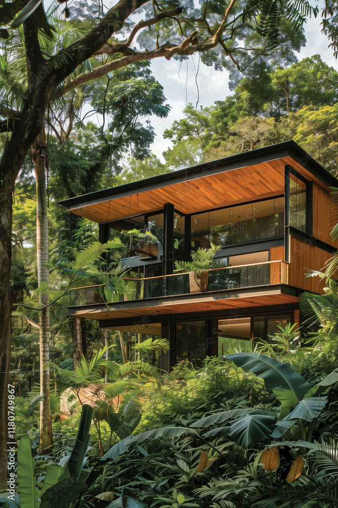 Sleek, modern home surrounded by lush forest with sustainable energy features Sleek, modern home surrounded by lush forest with sustainable energy features