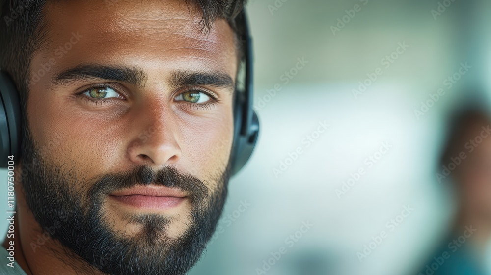Obraz premium A man with a beard and green eyes wearing headphones