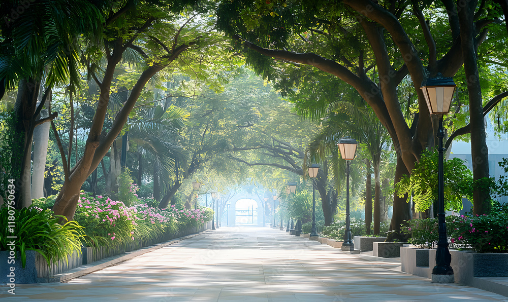 Serene pathway through lush green canopy, lined with elegant lamps, offering tranquil escape. Serene pathway through lush green canopy, lined with elegant lamps, offering tranquil escape.