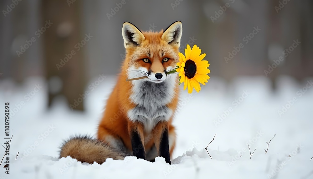 Adorable Red Fox with Sunflower in Winter Wonderland Adorable Red Fox with Sunflower in Winter Wonderland