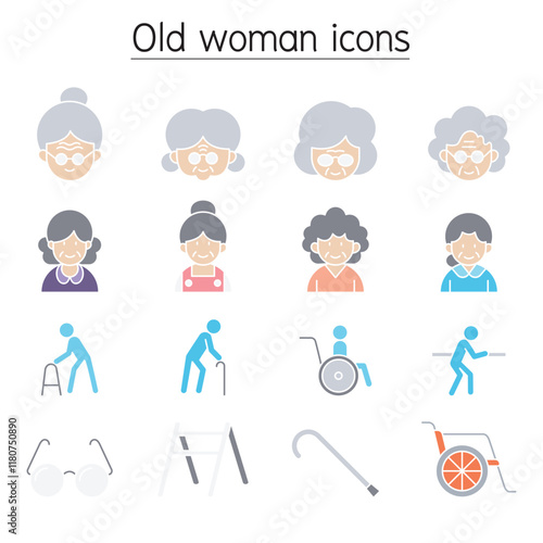 Old woman, Elder woman, Grandmother icon set in thin line style