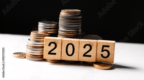 Wallpaper Mural Coins stacked on a surface alongside wooden blocks presenting the year 2025, symbolizing financial planning, business growth, investment, saving and economic development. Torontodigital.ca