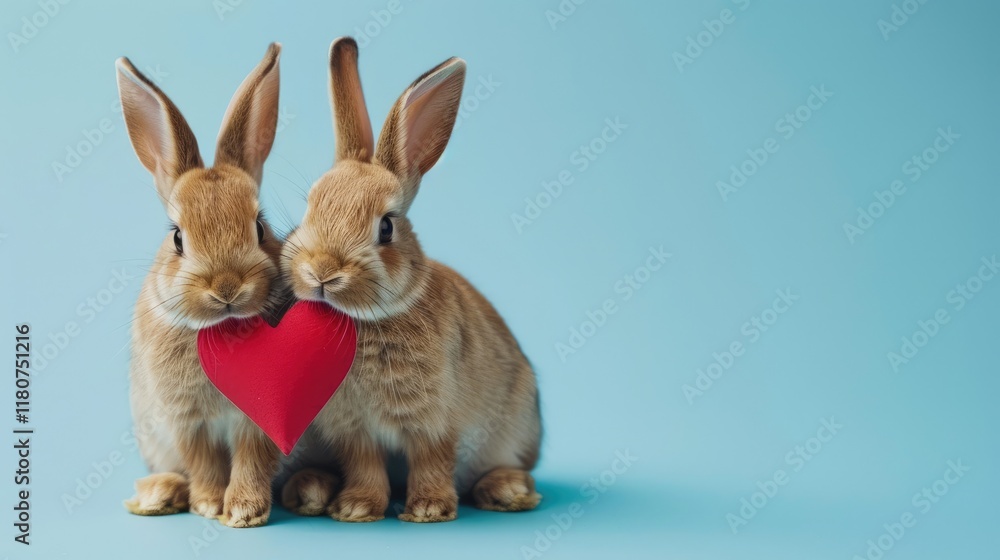 Obraz premium Bunnies Valentine's Day. Animal holding a red heart on a soft blue background. Playful and affectionate atmosphere perfect for expressing love background with copy space. Holiday romantic banner.