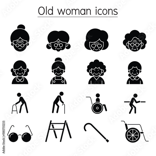 Old woman, Elder woman, Grandmother icon set in thin line style