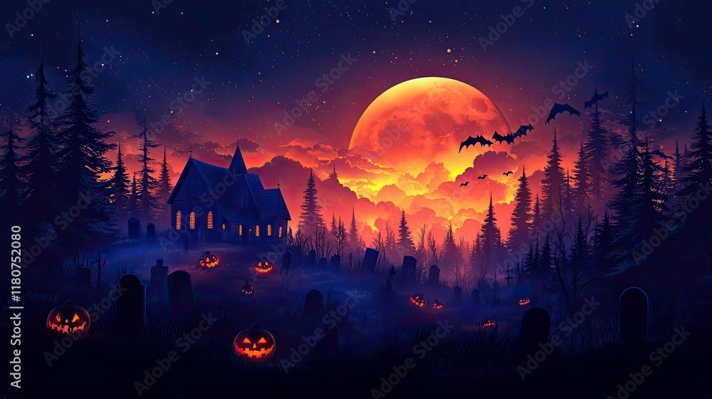 Spooky Halloween night scene with full moon, haunted house, pumpkins, bats, and graveyard. Spooky Halloween night scene with full moon, haunted house, pumpkins, bats, and graveyard.