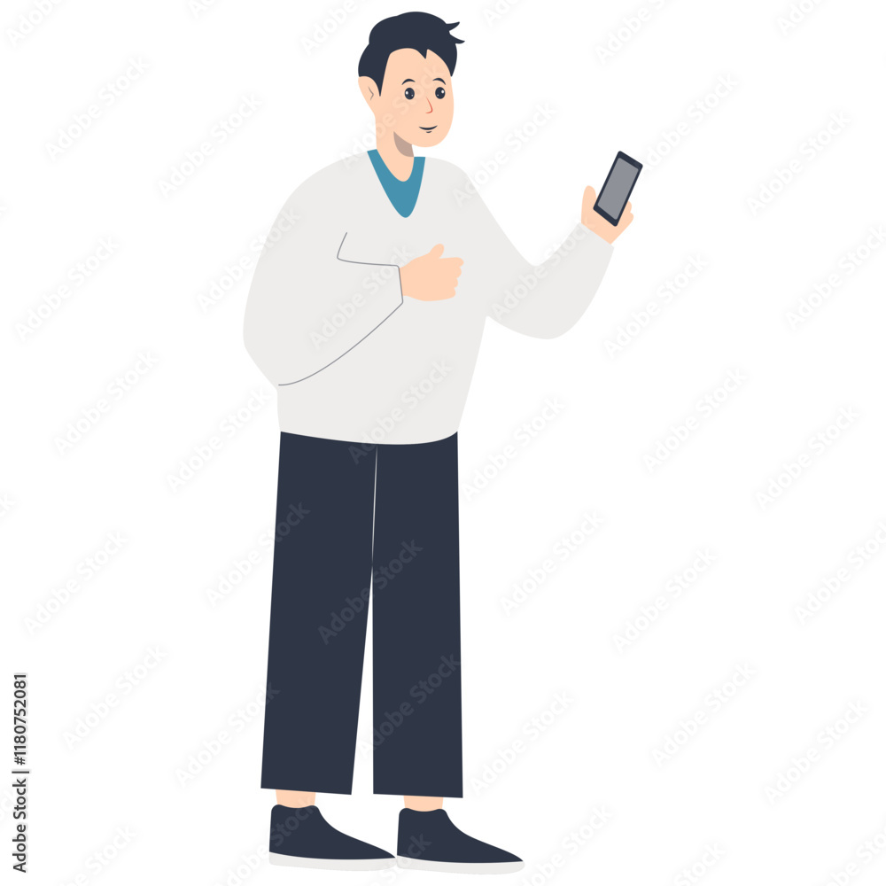 Young People Holding Technology Device. Vector Illustration in Flat Cartoon Design. Young People Holding Technology Device. Vector Illustration in Flat Cartoon Design.