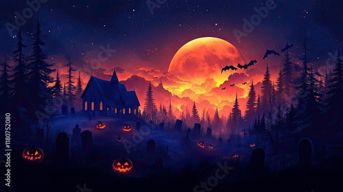 Spooky Halloween night scene with full moon, haunted house, pumpkins, bats, and graveyard. photo