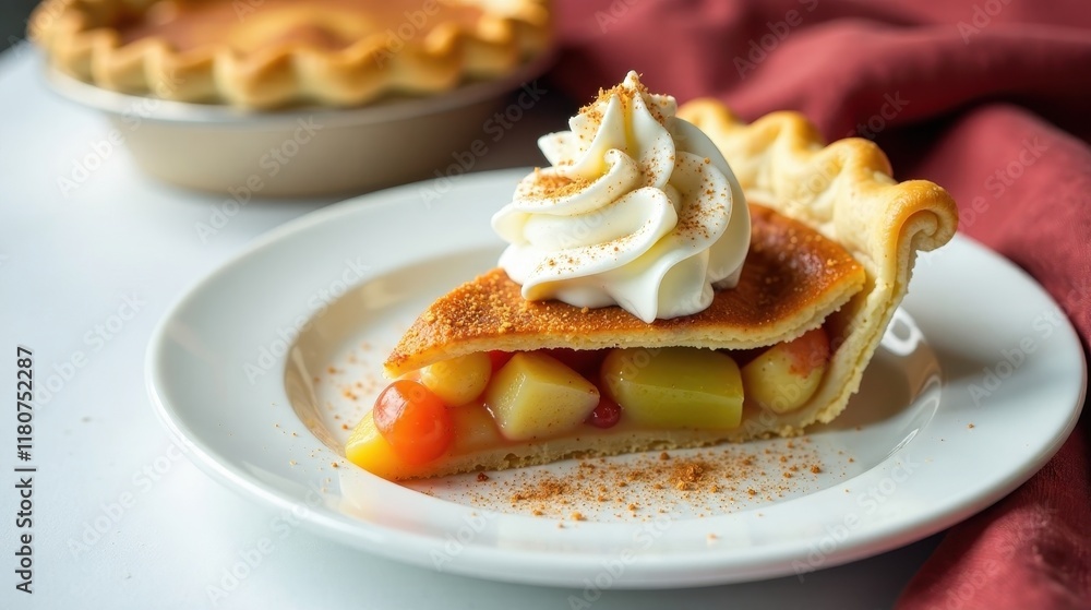 A delectable slice of fruit pie, adorned with a generous dollop of whipped cream and a light dusting of cinnamon, rests elegantly on a pristine white plate. A delectable slice of fruit pie, adorned with a generous dollop of whipped cream and a light dusting of cinnamon, rests elegantly on a pristine white plate.