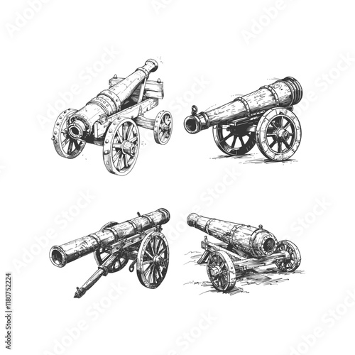 Cannon artillery hand drawn engraving design vector template illustration