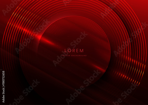 Abstract technology futuristic neon circle glowing red light lines on dark blue background.