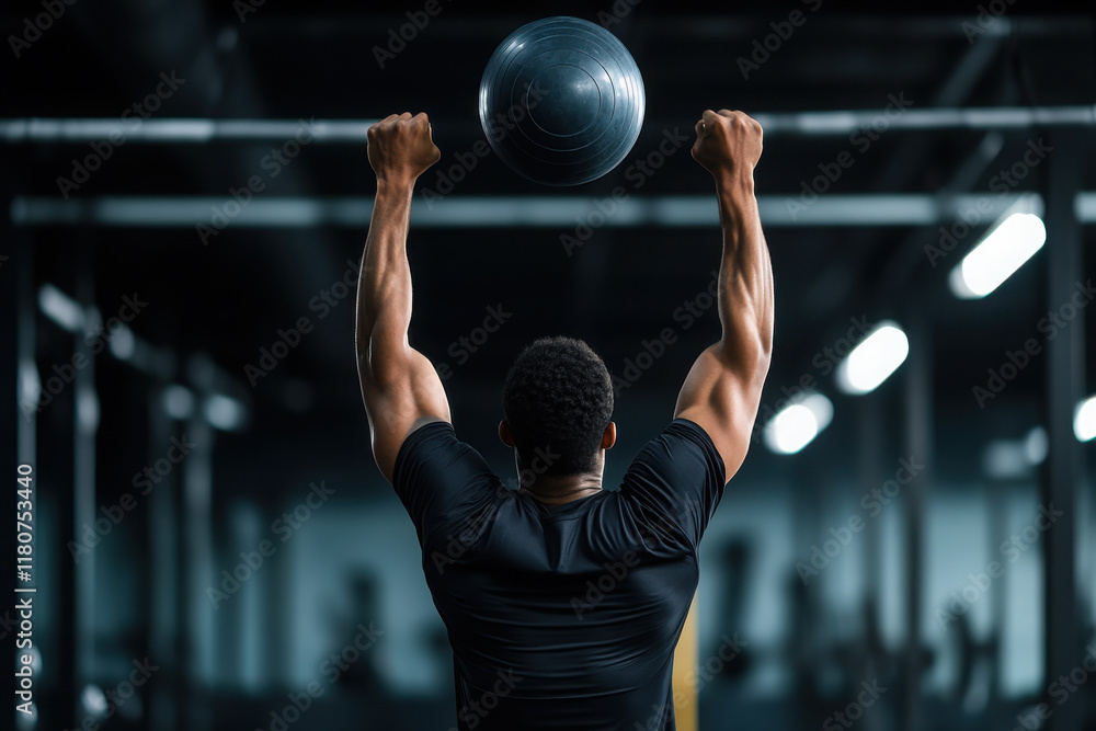 Naklejka premium Athlete training with a weighted ball in a gym environment.