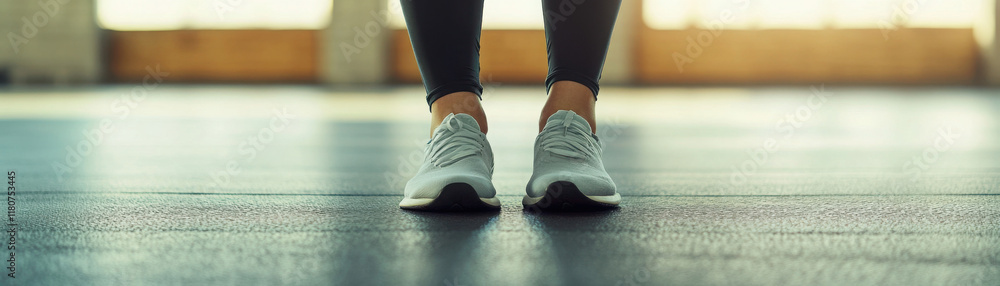 Close-up of a person wearing sneakers on a gym floor. Close-up of a person wearing sneakers on a gym floor.
