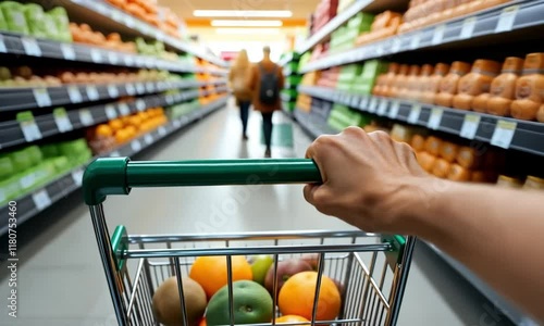 POV of a shopper pushing a cart filled with fresh produce down a grocery store aisle lined with colorful fruits and vegetables
