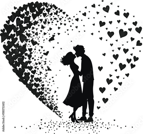 Silhouettes collection of couples with flowers. Black silhouette of a couple. Man and woman sitting on a bench. Boy giving a rose flower to a girl. Vector illustration. Set of romantic love.